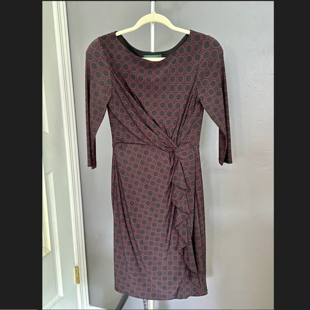 Lauren Ralph Lauren 3/4-Sleeve Ruched Jersey Dress - Black/Purple